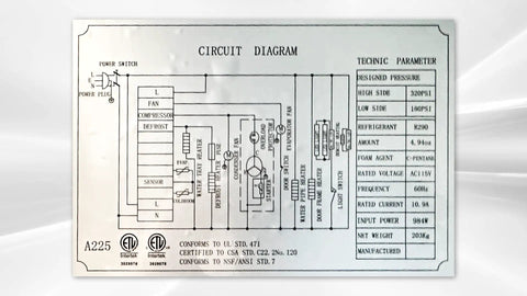 Circuit diagram detailing the technical parameters of a freezer compressor with specifications and connections.