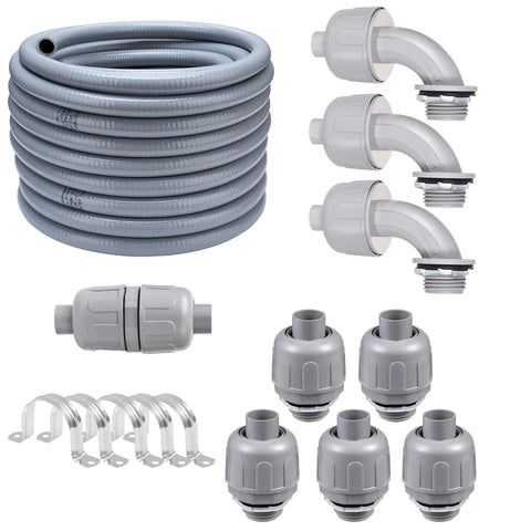 All In One 25 Foot NPT One Half Inch Liquid Tight PVC Conduit Kit With Non Metallic Electrical Fittings UL Listed displayed on white background