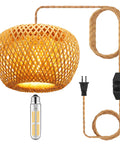 Plug In Pendant Light With Handwoven Bamboo Shade, Double Layer Boho Wicker Rattan Hanging Lamp, Dimmer Switch, Plug In Cord