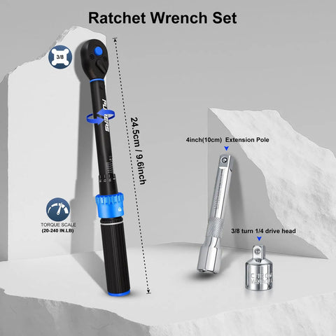 Garage-Ready Pro Grade Three-Eighths-Inch Drive Torque Wrench Kit With 20-240 In-Lb Range, shown with extension and adapter.