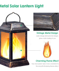 Lit Flickering Flame Solar Lanterns Set Metal Outdoor Hanging Lights Waterproof LED Flame Lamps, bronze finish detail.