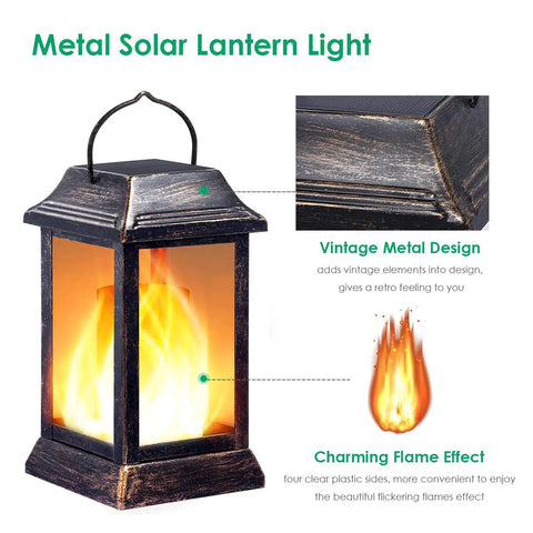 Lit Flickering Flame Solar Lanterns Set Metal Outdoor Hanging Lights Waterproof LED Flame Lamps, bronze finish detail.