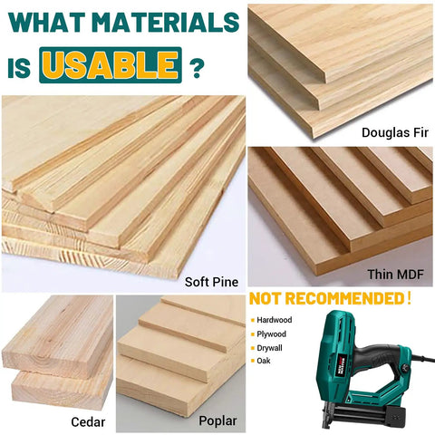 Cordless Electric Brad Nailer And Staple Gun for Upholstery And Woodworking showing usable materials, including Douglas Fir, Soft Pine, Cedar, Thin MDF, Poplar.