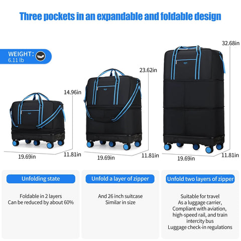 Three front-view black Ailouiskids rolling duffle bags with blue straps, small/medium/large sizes, detachable wheels