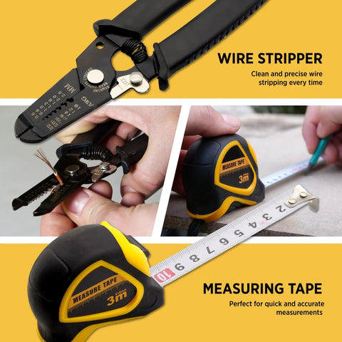 Close-up of wire stripper and measuring tape from the Must-Have 237-Piece Household And Auto Repair Tool Kit