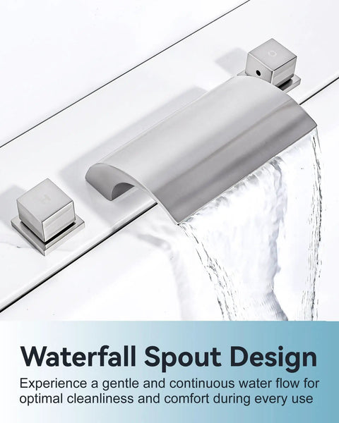 Waterfall Tub Faucet With Two Handles For Deck Mount Roman Tub Brushed Nickel Finish Brass Three Hole Faucet Without Diverter