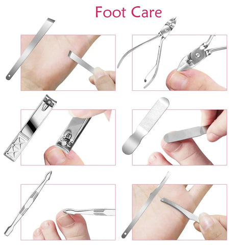 18 Piece Manicure And Pedicure Set With Stainless Steel Tools, showing nail clippers, tweezers, and callus remover for foot care