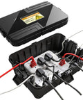 Huge Outdoor Electrical Box Waterproof 12 Inch X8 Inch X5 Inch Heavy Duty IP54 Weatherproof Extension Cord Cover with open lid and cables inside.