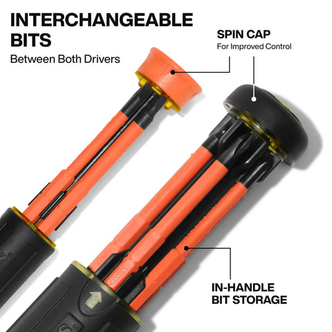Close-up of Insulated 10 In 2 Multi Bit Screwdriver Set With Auto Locking Collar 1000V Rated showing interchangeable bits and handle storage.