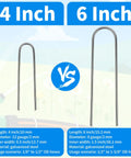 Comparison of 4 inch and 6 inch galvanized U-shaped garden staples for drip irrigation and tubing installation use.