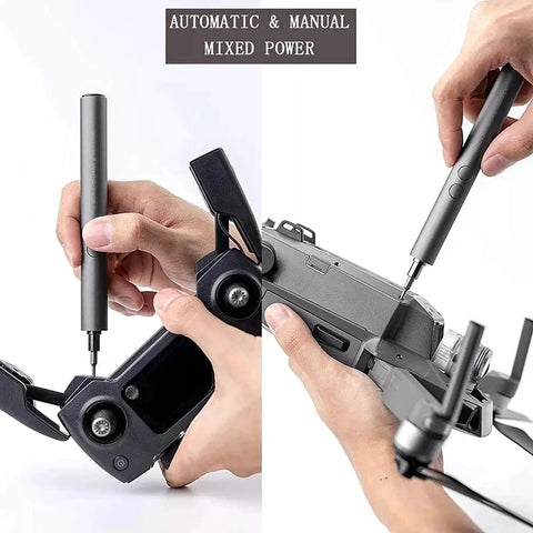 Hands using Mini 23 In 1 Electric Screwdriver Set With Mixed Power And Auto Manual Modes on electronics, showing cordless precision.