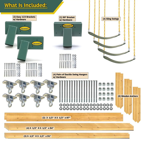 Classic DIY Swing Set Kit With Cedar Lumber Easy Brackets Four Sling Swings Heavy Duty Outdoor Backyard Playground Equipment For Kids And Families Weather Ready Durable Finish Plastisol Chains And Safe Hardware For Easy Assembly In Any Backyard