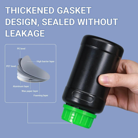 Hand holding a 1000ml HDPE darkroom chemical storage bottle with thickened gasket design, part of 3 Pack black plastic containers.