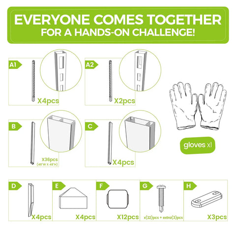 Diagram of components for Outdoor Privacy Fence Panels Kit 48x48 Inch White Vinyl Slat Fence assembly
