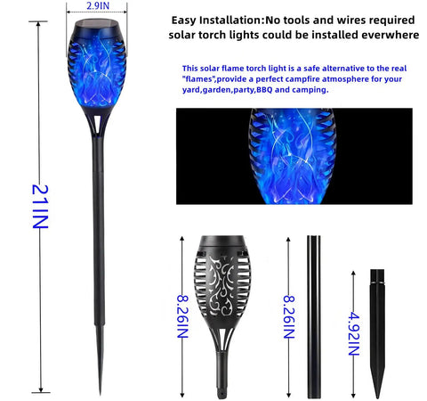 Blue Flickering Flame Solar Torches Lights 4 Pack For Outdoor Yard Garden Waterproof Pathway Patio Decor shown in dimensions