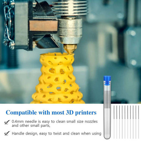 Bulk 50 Pieces 0.4 mm Stainless Steel 3D Printer Nozzle Cleaning Kit With Storage Bottles, shown in use on 3D printer nozzle