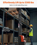 VEVOR Full Electric Pallet Stacker With 3300 Lb Load Capacity And 130 In Max Lifting Height lifting a pallet in a warehouse.