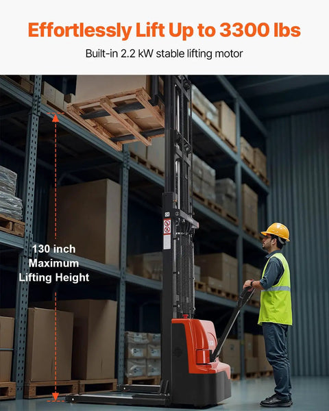 VEVOR Full Electric Pallet Stacker With 3300 Lb Load Capacity And 130 In Max Lifting Height lifting a pallet in a warehouse.