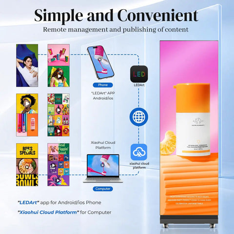 Slick Big 80 Inch P1.86 Flexible Led Screen Digital Signage Display Black Duo Pack showing remote app management features.