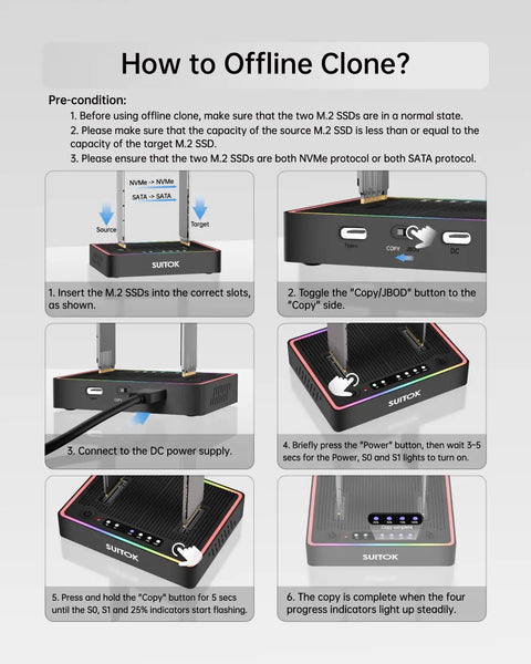 How to use Dual Bay M.2 SSD Cloner Docking Station Offering 20Gbps Offline Duplication For Nvme To Nvme And Sata Drives.