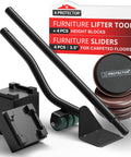 Heavy Duty Carpet Furniture Sliders 4 Pack With Ergonomic Steel Floor Lifter Tool Set, includes glide pads and lifter.