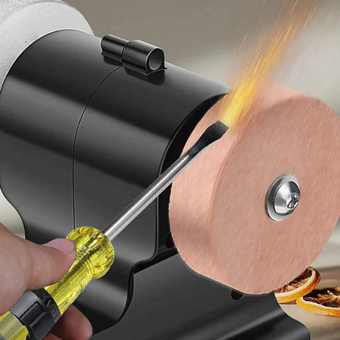 Upgrade Your Workshop With This Fafeicy Cordless Bench Grinder Featuring A Powerful Copper Motor For Sharpening And Polishing. Its Stable Base And Battery Compatible Design Make It Perfect For Grinding Tasks On The Go Or At Home With Ease. - Close-up of grinding disc in action with sparks.