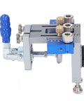 Self Centering Dowel Jig Kit With Adjustable Drill Guide And Six Heavy Duty Bushings Plus Three Carbide Bits, close-up view.