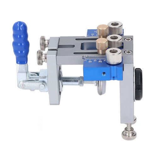 Self Centering Dowel Jig Kit With Adjustable Drill Guide And Six Heavy Duty Bushings Plus Three Carbide Bits, close-up view.