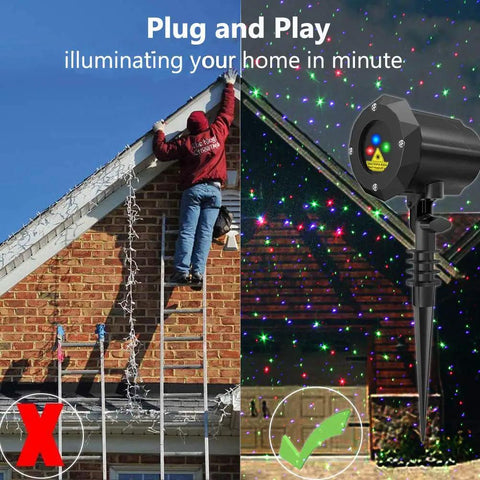Garden Laser Christmas Lights Projector With Moving Firefly Stars, Red Green Blue Color Combo showcased with easy setup