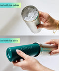 Premium Portable Breast Milk Cooler Built To Keep Pumped Storage Ice Cold For Up To 24 Hours with ice cubes and pack in hands.