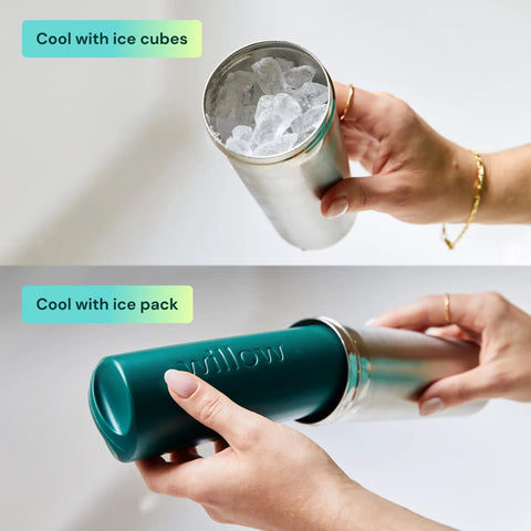 Premium Portable Breast Milk Cooler Built To Keep Pumped Storage Ice Cold For Up To 24 Hours with ice cubes and pack in hands.
