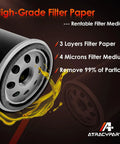 Close-up of oil filter with high-grade filter paper, showing specifications and brand logo