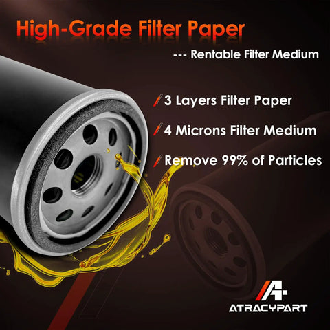 Close-up of oil filter with high-grade filter paper, showing specifications and brand logo