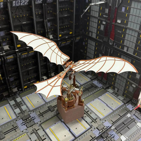 Da Vinci Flapping Wing DIY Model Kit 3D Metal Wind Up Ornithopter displayed in mechanical setting, 243PCS