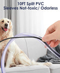 Person holding Pet No Chew Cord Protector for Dogs and Cats, Flexible PVC Cable Sleeve, near a dog on a sofa