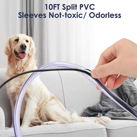 Person holding Pet No Chew Cord Protector for Dogs and Cats, Flexible PVC Cable Sleeve, near a dog on a sofa