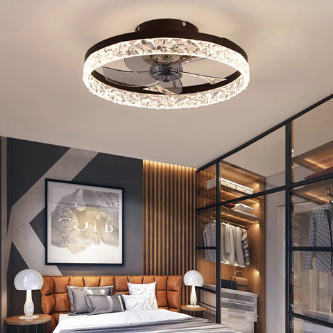 19.7 Inch Flush Mount Ceiling Fan With Lights Remote Control Low Profile Bladeless Modern Design in a bedroom setting