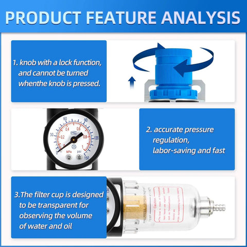 Product feature analysis of air compressor moisture filter with water separator, showing lock knob, pressure gauge, and filter cup.