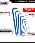 Metric Long Arm Ball End Hex Key Set With Chrome Finish And Bright Blue Anti-Slip Coating Includes 9 Sizes From 1.5mm To 10mm Stored In A Convenient Case For Quick Access displayed with S2 steel features and anti-slip details.