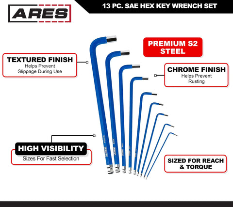 Metric Long Arm Ball End Hex Key Set With Chrome Finish And Bright Blue Anti-Slip Coating Includes 9 Sizes From 1.5mm To 10mm Stored In A Convenient Case For Quick Access displayed with S2 steel features and anti-slip details.