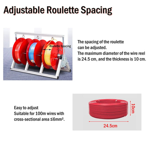 Rugged Heavy Duty Spool Rack For One To Five Reels Adjustable Cable Reel Dispenser with adjustable roulette spacing and wire dimensions.