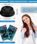 Four Pack Rubber Caster Cups For Furniture Wheels With Non Slip Grip Round Floor Protectors For Cribs Tables Chairs And Other Furniture Heavy Duty Floor Shields That Protect Floors And Keep Castors From Slipping Black, packaging and product dimensions shown.