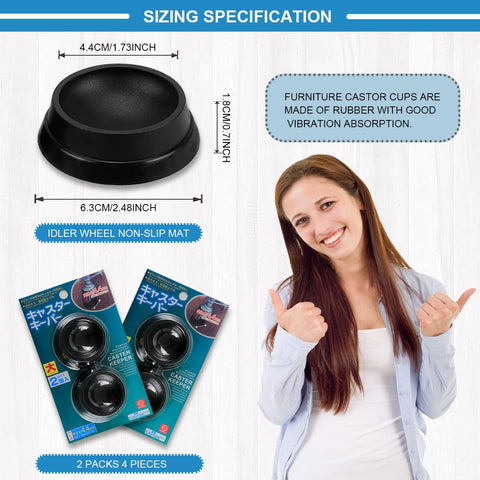 Four Pack Rubber Caster Cups For Furniture Wheels With Non Slip Grip Round Floor Protectors For Cribs Tables Chairs And Other Furniture Heavy Duty Floor Shields That Protect Floors And Keep Castors From Slipping Black, packaging and product dimensions shown.