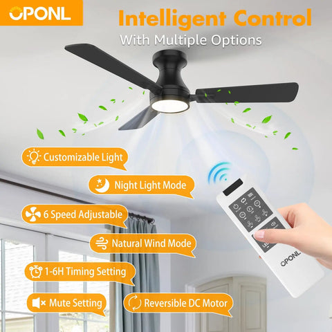 42 Inch Black Ceiling Fan With Light And Remote Control Noiseless Reversible Motor shown with remote features in a living room.