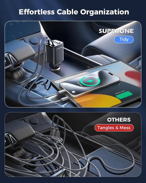 Organized vs messy cables with Retractable Car Charger 99W Dual Extendable Cables USB C Fast Charge For iPhone 17 16 15 14 13 12 And Samsung On The Go 6 In 1 Quick Charge Car Adapter With Tidy Cable Storage.
