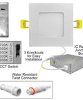 Six Pack Three Inch Square Ultra Thin LED Recessed Lights With Five Color Temperature Selectable with metal J box and connectors