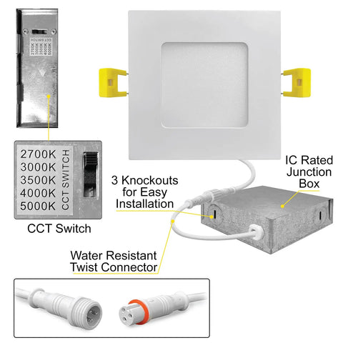 Six Pack Three Inch Square Ultra Thin LED Recessed Lights With Five Color Temperature Selectable with metal J box and connectors