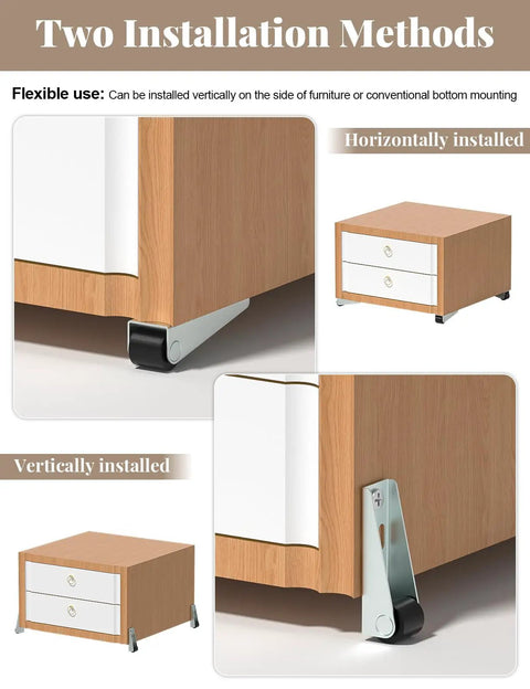Eight Pack Nifty Low Profile Rigid Caster Wheels Slick Rollin Zero Hassle Mounting shown in horizontal and vertical installation on furniture.