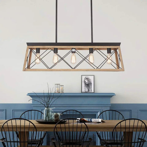 Farmhouse Chandelier With Five Lights For Kitchen Island Lighting Rustic White Wood Finish Dining Room Pendant Light Adjustable