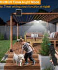 Solid Solar Motion Floodlight Featuring 267 Killer Leds And Tilt Head Glows Day Or Night Like A Charm Tough Wall Lamp For Sheds Garages And Open Porches Remote Control Included Right Now, illuminating a patio at night with child and dog.